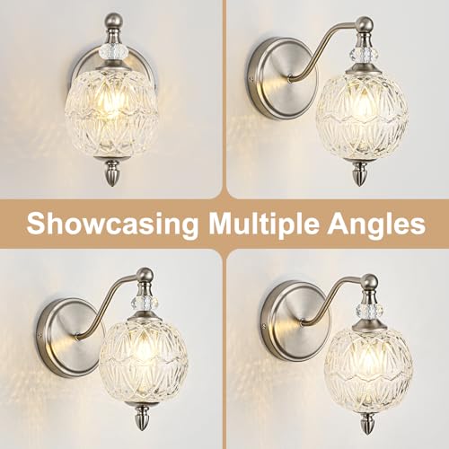 1 Piece Brushed Nickel Wall Sconce, 1-Light Mid Century Modern Brushed Nickel Finish Wall Sconce with Globe Glass Shade, Modern Light for Bathroom, Bedroom, Living Room,Powder Room - color: Brushed Nickel, size: 1 Light