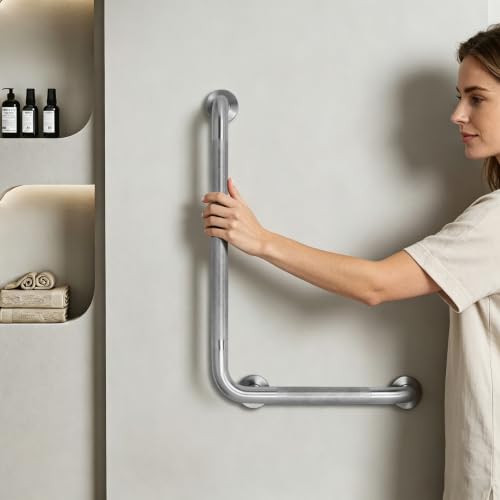 Angled Shower Grab Bar, 16x24 Inch Stainless Steel Bathroom Grab Bar, 1.25" Diameter L-Shaped Brushed Nickel Grab Bars for Bathtubs and Showers, Handicap Shower Grab Bar for Seniors Elderly - size: 16x24 Inch