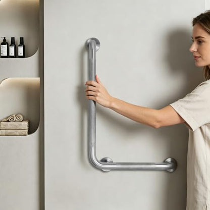 Angled Shower Grab Bar, 16x24 Inch Stainless Steel Bathroom Grab Bar, 1.25" Diameter L-Shaped Brushed Nickel Grab Bars for Bathtubs and Showers, Handicap Shower Grab Bar for Seniors Elderly - size: 16x24 Inch