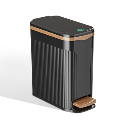 JOYZAN Slim Bathroom Trash Can with Pop-Up Lid Step Pedal Waste Basket | Foot Pedal Trash Can 2.6 Gallon Dog Proof Plastic Garbage Bin for Kitchen, Living Room, Bedroom, Office Black