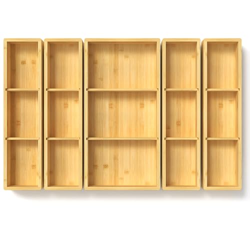 DUJEN 5 pieces Bamboo Drawer Organizer, Adjustable 3 Individual Junk Drawer organizer for Bathroom and Kitchen, Wood Drawer Organier Boxes for Jewellery, Make up and Tea Bag - size: 1 piece 12.5X6.2 & 4 pieces 12.5X3.1
