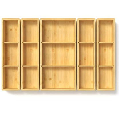 DUJEN 5 pieces Bamboo Drawer Organizer, Adjustable 3 Individual Junk Drawer organizer for Bathroom and Kitchen, Wood Drawer Organier Boxes for Jewellery, Make up and Tea Bag - size: 1 piece 12.5X6.2 & 4 pieces 12.5X3.1