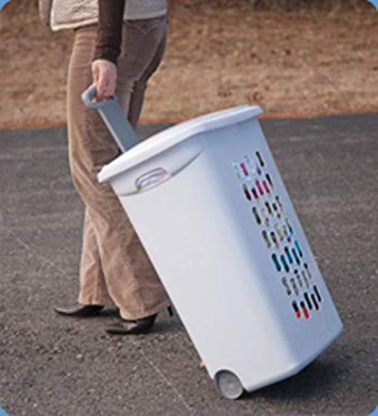 Sterilite Ultra Wheeled Laundry Hamper with Lid, Handle and Wheels for Easy Rolling of Clothes to and from the Laundry Room, Plastic, White, 1-Pack, Portable