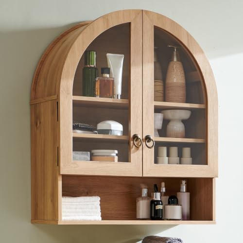 IFGET Bathroom Arched Wall Cabinet, 23.6'' Wide Medicine Cabinet with Adjustable Shelves & Glass Doors, Over The Toilet Storage Wall Mount Cabinet for Laundry Room, Kitchen & Living Room, Natural Oak - color: Natural Oak