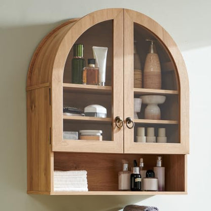 IFGET Bathroom Arched Wall Cabinet, 23.6'' Wide Medicine Cabinet with Adjustable Shelves & Glass Doors, Over The Toilet Storage Wall Mount Cabinet for Laundry Room, Kitchen & Living Room, Natural Oak - color: Natural Oak