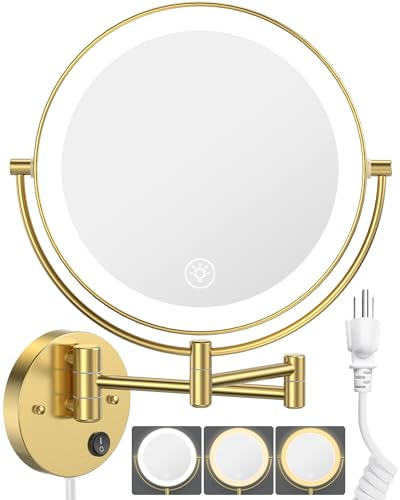 9" Wall Mounted LED Makeup Mirror, 1X/10X Magnifying Mirror Corded, Gold | Large Size, Plug-in, Not Battery Operated, 2-Sided Vanity Mirror, Extended Arm, 3 Color Lights, 360° Swivel, Touch Dimmable - color: Gold