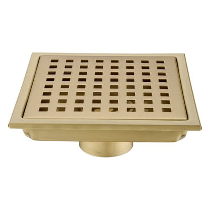 6 inch Stainless Steel Square Shower Floor Drain with Threaded Adapter, Removable Cover Grid Grate, Brushed Gold Brass Finished - color: Brushed Gold