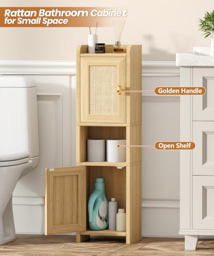 Akxomel 9.8''W Rattan Small Bathroom Storage Cabinet 2 Doors Oak | Small Bathroom Cabinet with Adjustable Shelf, Bathroom Organizer for Small Spaces, Wooden Corner Unit