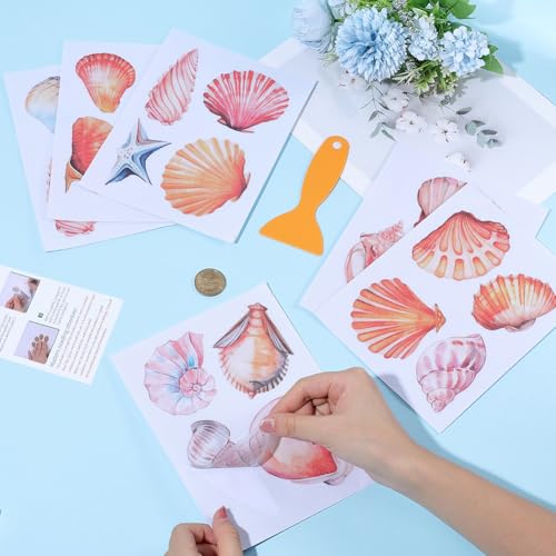 6 Pages Bathtub Sea Stickers Bulk Non Slip Bathtub Stickers with Scraper Plastic Adhesive Ocean Animal Conch Pattern Slippery Floor Decal for Shower and Bath Tub Home Decorations Gift Adults - style: Shell 3