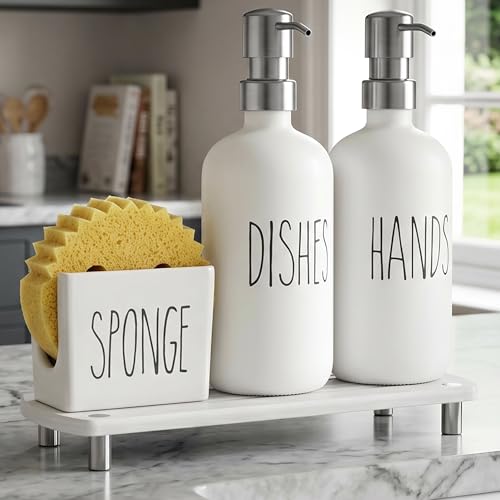 Cisily Kitchen Soap Dispenser Set Comes with Ceramics Sponge Holder, Gold Pumps, and Instant Dry Tray, Hand and Dish Soap Dispenser Set (4, Silver + White + Sponge Holder) - color: Silver + White + Sponge Holder