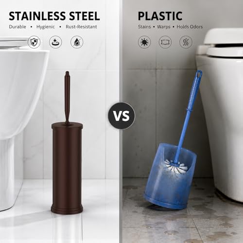 Stainless Steel Toilet Bowl Brush and Holder Set Scrubber Bronze Brown | Weighted Stable Base Removable Inner Tube Toilet Bowl Brush Splash-Proof Design for Deep Cleaning Space Saving Storage - color: Bronze
