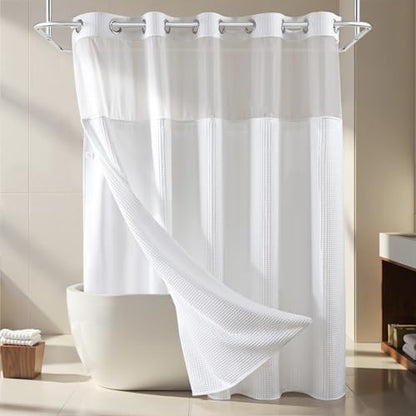 River Dream Cotton Blend Fabric Shower Curtain Set with Liner, White, 71x86 | Waffle Weave, No Hook Needed, with Snap in Replacement Liner, Top Sheer Window, Hotel Quality for Bathroom, Extra Long - color: White, size: 71"W x 86"L (Pack of 1)
