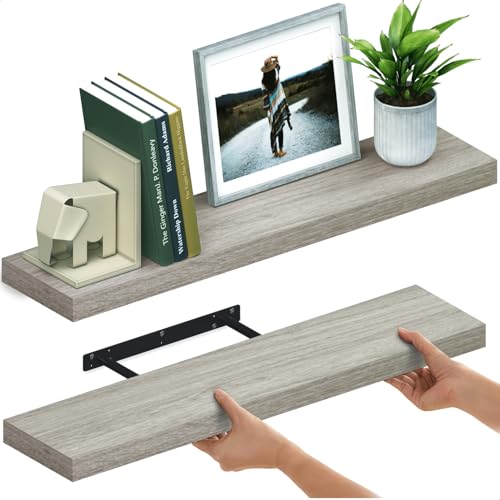 Ballucci Floating Shelves for Wall, 36" Wood Wall Shelf Set of 2, with Invisible Brackets for Bathroom, Living Room, Bedroom, Kitchen, Nursery, 8" Deep, Rustic Gray - color: Grey, size: 35.4 inches