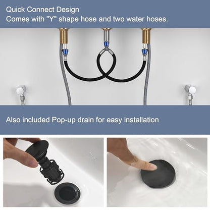 Black Bathroom Faucet 3 Holes - Two Handles Widespread 8 inch Bathroom Sink Faucet 3 Pieces Basin Faucets 360 Degree Swivel Spout Vanity Sink Faucet with Drain & Supply Hoses - color: Matte Black