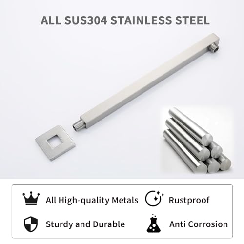 Shower Arm Extender Shower Head Extension Arm With Flange【SUS304 Stainless Steel】Rain Shower Head Extension Replacement 16 Inches Wall Mount Square Brushed Nickel, SA1-BN - color: Brushed Nickel