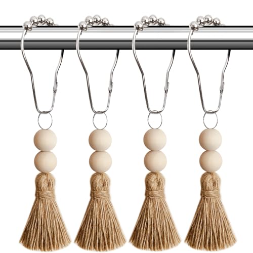 Boho Shower Curtain Hooks Rings Rustproof, CHICTIE Nautical Decorative Shower Curtain Rings with Handmade Wood Beads Tassel, Farmhouse Home Bathroom Bedroom Baby Room Decor Set of 12 (Natural Jute) - color: Natural Jute
