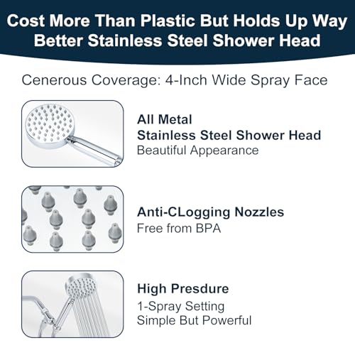 All Metal Shower Head with Handheld; Flexible Long Hose High Pressure Spray | 1 Setting Stainless Steel Shower-Head, Solid Hand Held Showerhead Sprayer Holder with Wide-Angle Adjustment, Premium Chrome - color: Premium Chrome