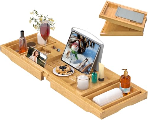 Bathtub Tray Caddy, Expandable Bamboo Bath Tray for Tub | Foldable Bath Table Trays with Non-Slip Pads, Bathroom Spa Accessories, Ideal Gift for New Home & Mom's Birthday, Natural - color: Natural