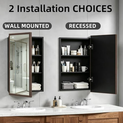 16 x 26 Recessed Medicine Cabinet Mirror with Storage,Brown Aluminum Medicine Cabinet Frame Mirror,Tempered Glass,Mount Recessed Mount Bathroom Vanity Modern Farmhouse