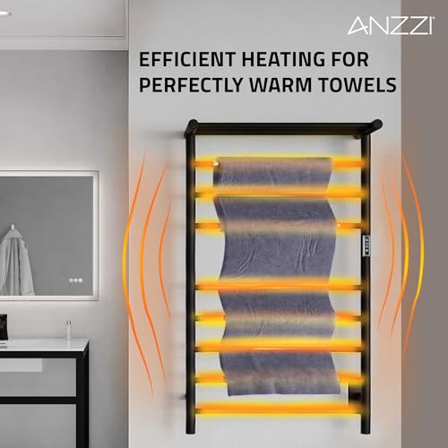 ANZZI Eve Modern 8-Bar Wall Mounted Towel Warmer with Top Shelf in Matt Black, Energy Efficient 93W Electric Plug in Heated Towel Rack, Towel Heater Rail with On/Off Switch, TW-AZ012MBK - color: Matte Black