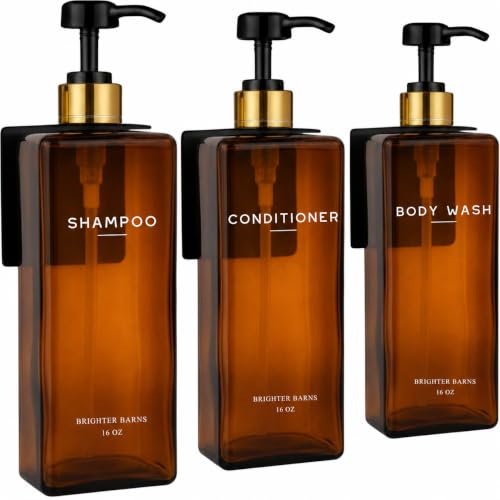 Amber Shampoo and Conditioner Dispenser Set Wall Mounted by Brighter Barns - Refillable Shower Dispenser 3 Chamber No Drill - Plastic Shampoo Bottles for Shower Wall, Guest Bathroom, RV, Hotel (Amber) - color: Amber