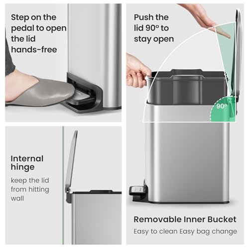 Cesun Small Bathroom Trash Can with Lid, 1.6 Gal, Soft Close, Sliver | Step pedal soft close, Slim 5.9in fits narrow spaces, Stainless steel, Anti-fingerprint, Removable inner bucket, Odor seal - color: Silver