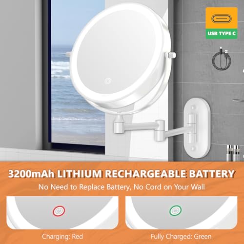 Auxmir 1X/30X Wall Mounted Makeup Mirror, 8" Rechargeable Magnifying Mirror | double-sided button, 3200mAh, 3 dimmable colors, 360° rotation, extended arm, 30X magnification, bathroom, white - color: 8'' 30x-white