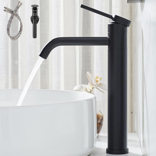 Hotis Vessel Sink Faucet Black, Tall Bathroom Faucet for Sink 1 Hole, 360 Swivel Body Single Handle Faucet for Bath Sink, Mixer Spout Stainless Steel Bathroom Faucets with Pop Up Drain - color: Black