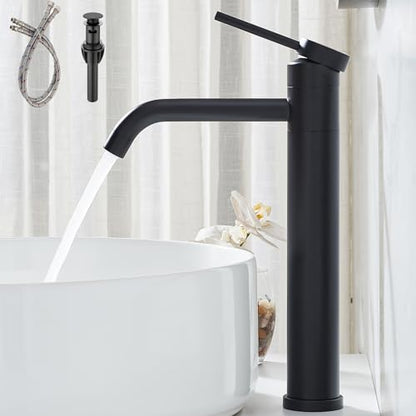 Hotis Vessel Sink Faucet Black, Tall Bathroom Faucet for Sink 1 Hole, 360 Swivel Body Single Handle Faucet for Bath Sink, Mixer Spout Stainless Steel Bathroom Faucets with Pop Up Drain - color: Black