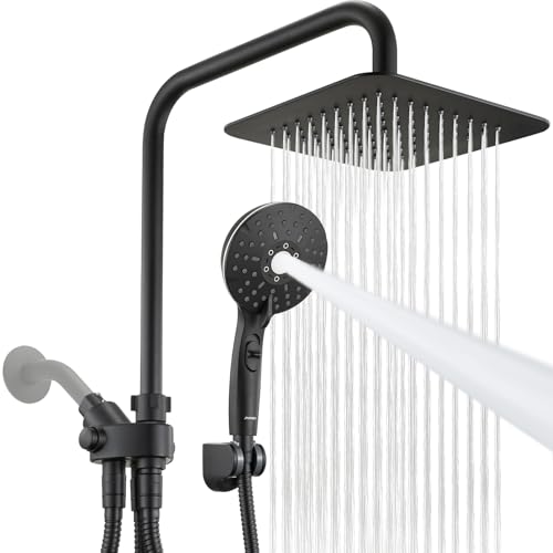 Dual Shower Head Combo, 8'' High Pressure Rain Shower Head with Handheld Spray, 6+1 Spray Settings Handheld Showerhead, Height Adjustable, One-touch Pause Button, Matte Black - color: Black