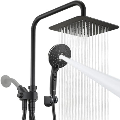 Dual Shower Head Combo, 8'' High Pressure Rain Shower Head with Handheld Spray, 6+1 Spray Settings Handheld Showerhead, Height Adjustable, One-touch Pause Button, Matte Black - color: Black