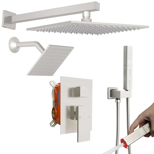 Enga Shower Faucet Set Shower System, Dual Shower Heads 10'' Rainfall with 6'' Wall Shower Head, 2 in 1 Handheld Spray with Valve Kit, Brushed Nickel - color: Brushed Nickel, style: Wall-10"+6" Head
