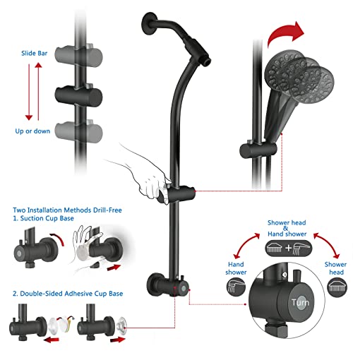 Rainfall 8 Inch Shower Head with High Pressure Handheld Spray Combo, Drill-Free Slide Bar with Adjustable Shower Extension Arm, 3-Way Low Diverter for Easy Reach, 5Ft Hose- Matte Black - color: Matte Black