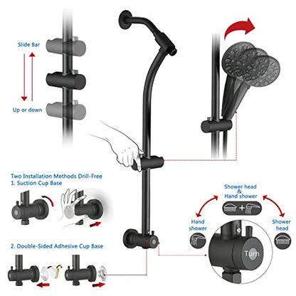 Rainfall 8 Inch Shower Head with High Pressure Handheld Spray Combo, Drill-Free Slide Bar with Adjustable Shower Extension Arm, 3-Way Low Diverter for Easy Reach, 5Ft Hose- Matte Black - color: Matte Black