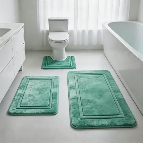 RUN HELIX Bathroom Rugs Set Memory Foam Mats Non-Slip Bath Rug Set 3 Piece,Washable Bathroom Mats,Absorbent Shaggy Rug Super Soft U-Shaped Toilet Rug, Bordered Mat Decor for Bathroom,Tub,Shower（Teal） - color: Teal