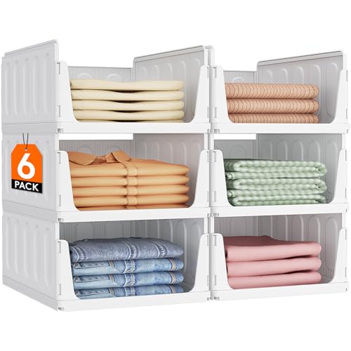 Lifewit Stacking Closet Organizers Shelf for Clothes 6 Pack 14" Depth | open front basket, top shelf storage bins, store clothing sweater jeans, for Pantry, Kitchen, Dorm