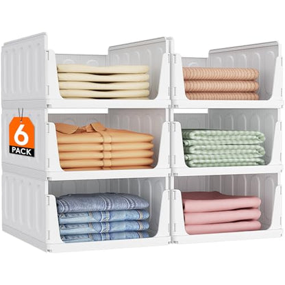 Lifewit Stacking Closet Organizers Shelf for Clothes 6 Pack 14" Depth | open front basket, top shelf storage bins, store clothing sweater jeans, for Pantry, Kitchen, Dorm