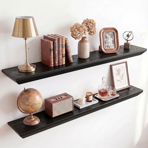 Acovy 30in Solid Spruce Wood Floating Shelves with Beveled Bottom Edges, Wooden Floating Shelf with Heavy-Duty Bracket for Living Room Bathroom Bedroom Kitchen, Rustic Black, Set of 2 - color: Rustic Black, size: 30"-2 Packs