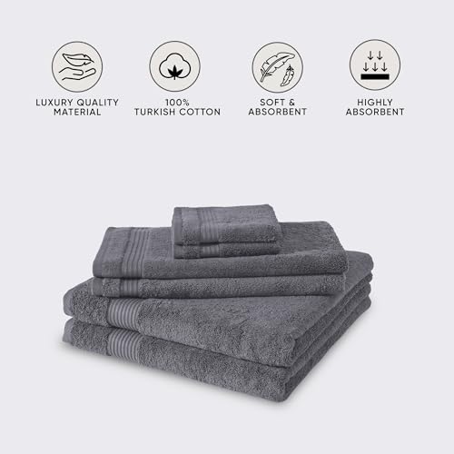 CTT - Luxury 6 Piece Towel Set, 100% Turkish Cotton, Quick Drying, Highly Absorbent & Comfy, Includes 2 Bath Towels, 2 Hand Towels & 2 Washcloths | (Grey) - color: Grey, size: 6-Piece Towel Set