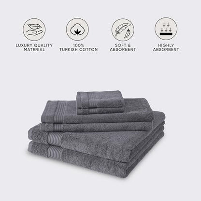 CTT - Luxury 6 Piece Towel Set, 100% Turkish Cotton, Quick Drying, Highly Absorbent & Comfy, Includes 2 Bath Towels, 2 Hand Towels & 2 Washcloths | (Grey) - color: Grey, size: 6-Piece Towel Set