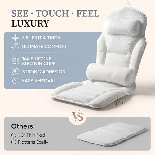 Full Body Bath Pillow for Bathtub, Adjustable Bathtub Pillows, White | Head & Neck Support, Extra Long Thick Bathtub Cushion with 192 Non-Slip Power Suction Cups, Spa Bathing Present (52" x 17")