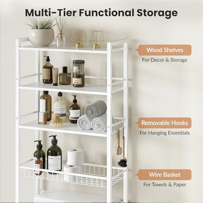 Over The Toilet Storage Shelf, 4-Tier Bathroom Organizer with Basket & Hooks, Sturdy Space Saver for Small Bathrooms, White - color: White