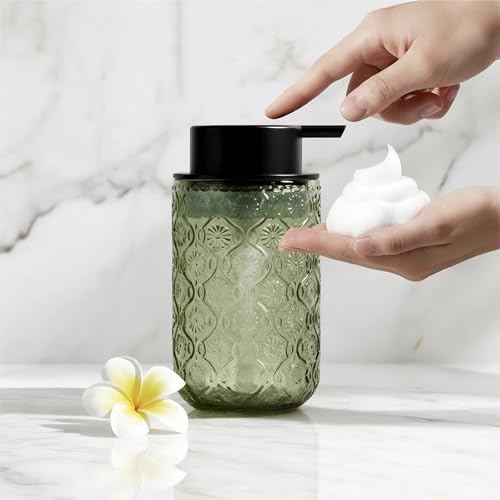 13.5 oz Glass Soap Dispenser, Luxurious Floral Embossed Glass Bathroom Countertop Foaming Pump for Kitchen Vanity (Green) - color: Green