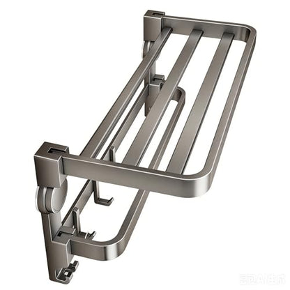 Wall-Mounted Towel Rack with Hooks, Foldable Bathroom Shelf, No Drilling Suction Cup Storage Organizer, Brushed Silver