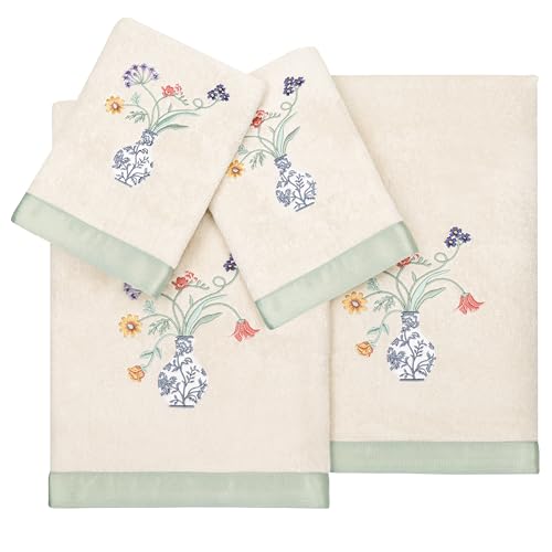 Floret 4-Piece Premium Towel Set, Embroidered Floral Stem, Luxurious Turkish Cotton, Durable & Quick Dry, Elegant Bath Ensemble, 2 Bath 2 Hand Towels, Beige - color: Beige, size: 2 Pcs Bath 2 Pcs Hand Towel