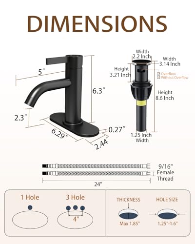Matte Black Bathroom Faucet Single Hole with Pop-Up Bathroom Drain and Flexible Hoses Single Handle Bathroom Sink Faucet w/Deck Plate(1 or 3 Hole) for Vanity Sinks, RV, Farmhouse - color: Matte Black