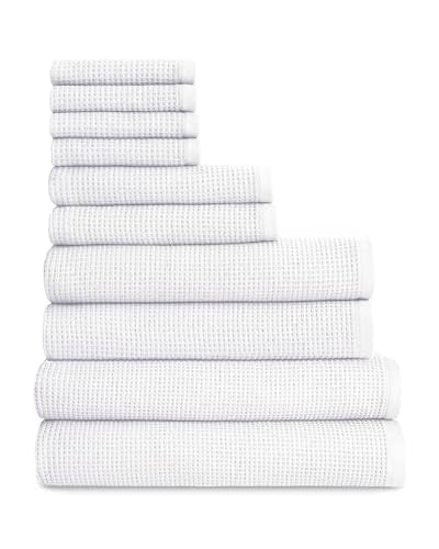Cozy Earth Complete Waffle Bath Bundle, 60% Cotton 40% Viscose from Bamboo | Quick Dry and Ultra-Soft Waffle Weave Bath Towels, 4 Washcloths, 2 Hand Towels, 2 Bath Towels, 2 Bath Sheets, White - color: White