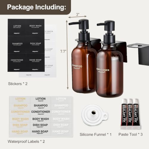 Shampoo and Conditioner Dispenser Set of 3, Amber | 16.9 oz Refillable Bottles, Black Pumps, No-Drill Wall Mount, 27 Labels, For Bathrooms, Hotels and Airbnbs - color: Dark Amber + Black Pump