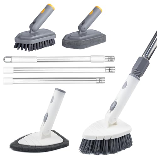 Tile Tub Scrubber Brush with 4 Cleaning Heads,59" Long Handle Stiff Bristles Scrub Brush with Extendable Pole, Rotatable Detachable Scrub Brush for Shower,Tile, Tub,Bathroom,Walls,Sink