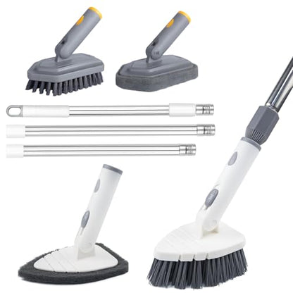 Tile Tub Scrubber Brush with 4 Cleaning Heads,59" Long Handle Stiff Bristles Scrub Brush with Extendable Pole, Rotatable Detachable Scrub Brush for Shower,Tile, Tub,Bathroom,Walls,Sink